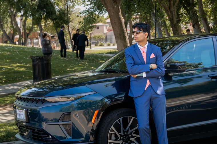 Horizontal black car editorial prom portrait